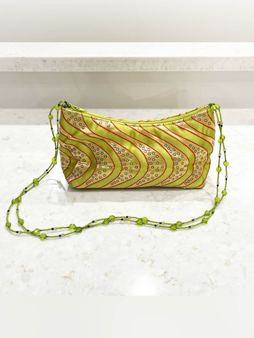 Lisa Violetto Silk Embroidered Handbag, Beaded Shoulder Strap, Chartreuse